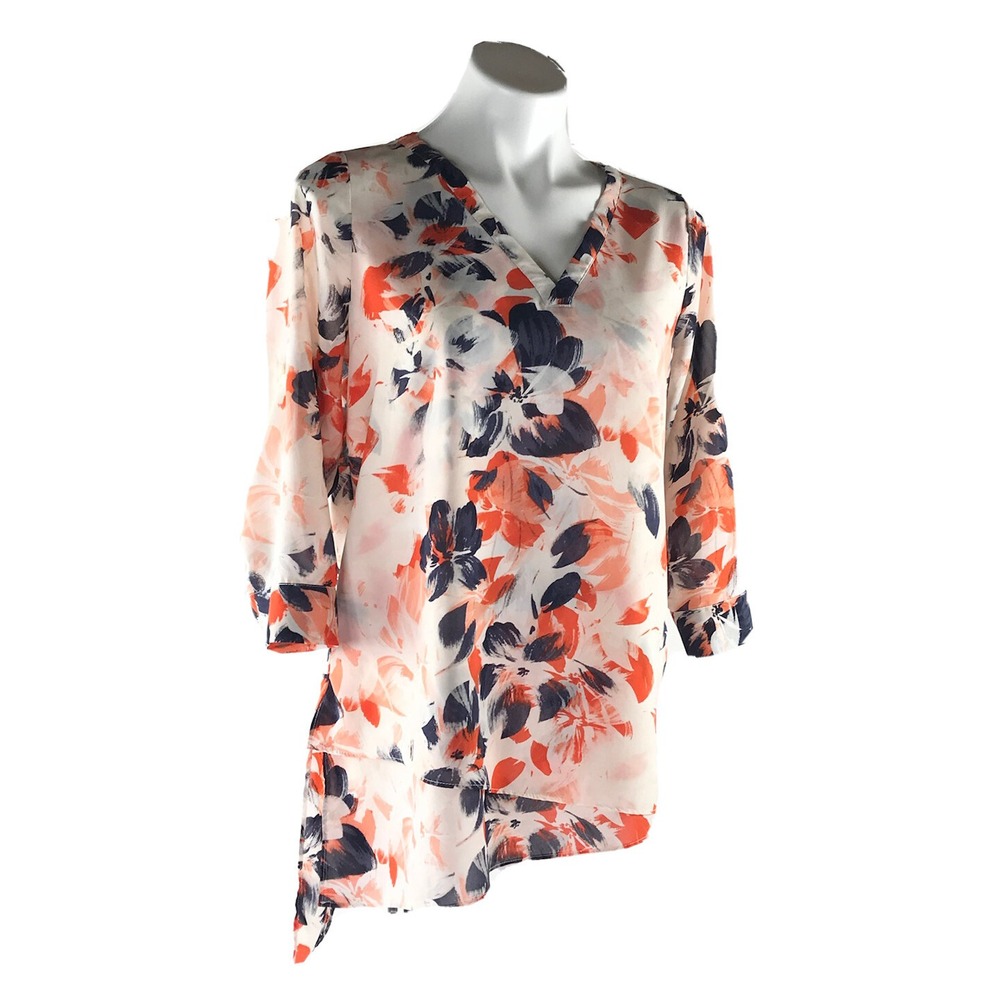 The Limited Floral V-Neck 3/4 Roll Tab Sleeve Asymmetrical Blouse Orange Women S